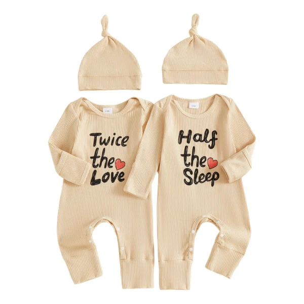 Twins Long Sleeve Letter Print Romper with Hat
