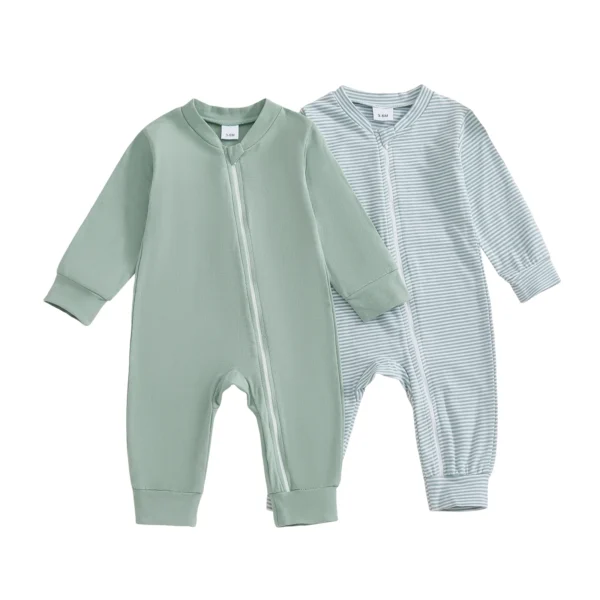 Striped Long Sleeve Zip Up Baby Romper Set