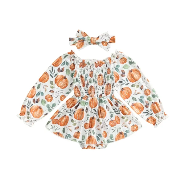 Off-shoulder Pumpkin Print Romper Dress with Headband