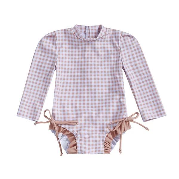 Plaid Print Long Sleeve Rash Guard Swimsuit