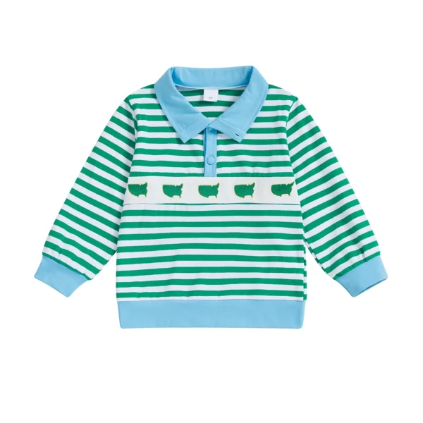 Striped Fall Sweatshirt with Embroidery and Button Front