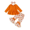 Solid Color Long Sleeve Top with Bow Print Flare Pants and Headband Set