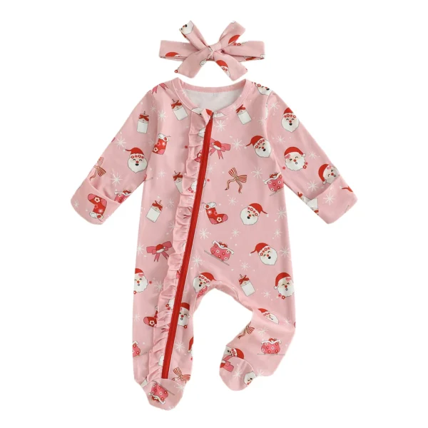 Christmas Santa Print Long Sleeve Romper with Zipper