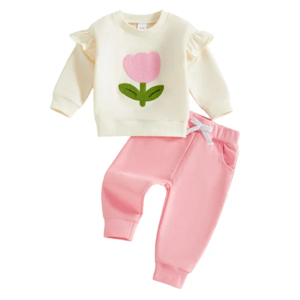 Flower Embroidery Long Sleeve Top and Elastic Waist Pants Set