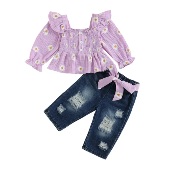 Daisy Print Long Sleeve Top with Denim Pants Set
