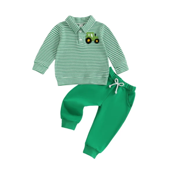 Striped Long Sleeve Top with Embroidery and Elastic Waist Pants Set