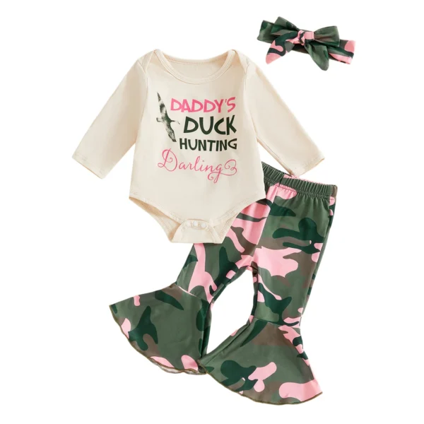 Duck Letter Long Sleeve Romper with Camo Flare Pants and Bow Headband Set