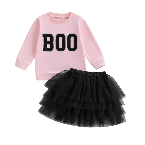 Halloween Outfit for Little Girls - Embroidered Sweatshirt and Tulle Skirt Set