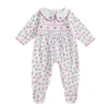 Christmas Footie Romper with Holly Leaves and Bow Print