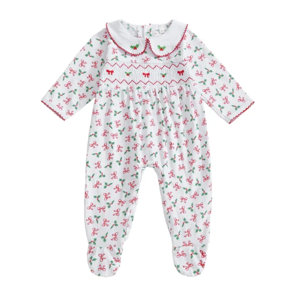 Christmas Footie Romper with Holly Leaves and Bow Print