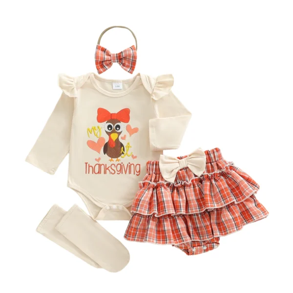 Thanksgiving Turkey Print Romper and Skort Set with Bow Headband