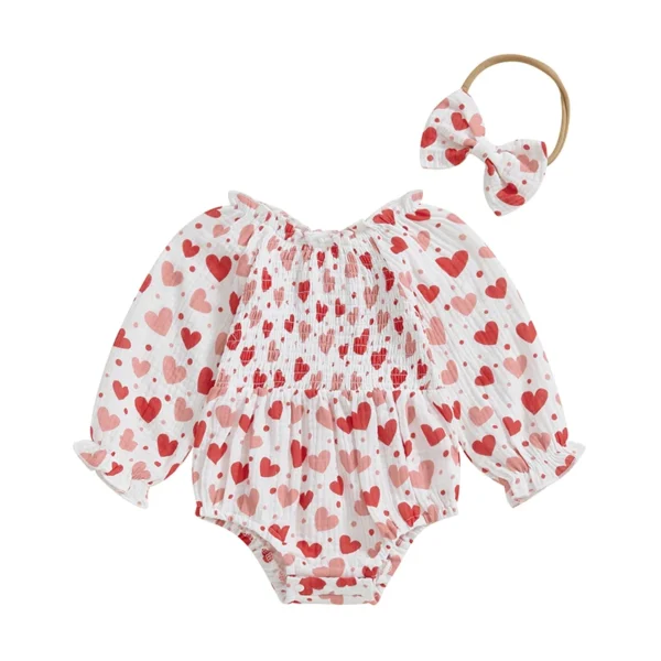 Heart Print Long Sleeve Bubble Jumpsuit with Bow Headband
