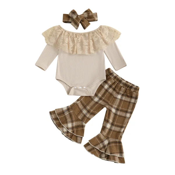Lace Trim Long Sleeve Ribbed Romper with Plaid Flare Pants and Headband Set