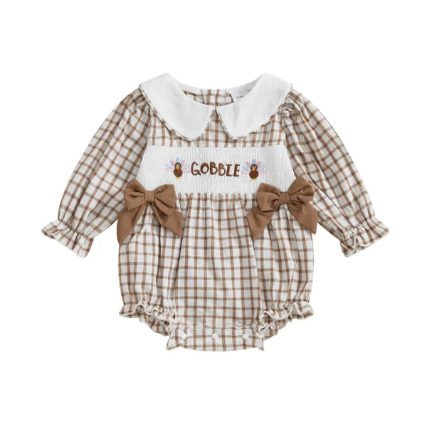 Thanksgiving Baby Romper with Doll Collar and Turkey Embroidery