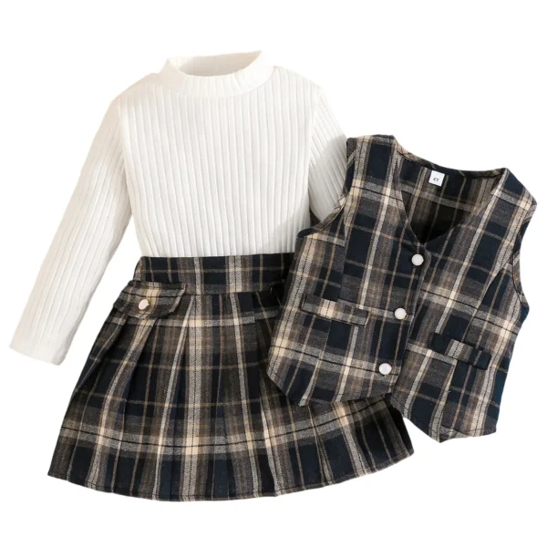 Ribbed Top with Plaid Skirt and Button Vest Outfit