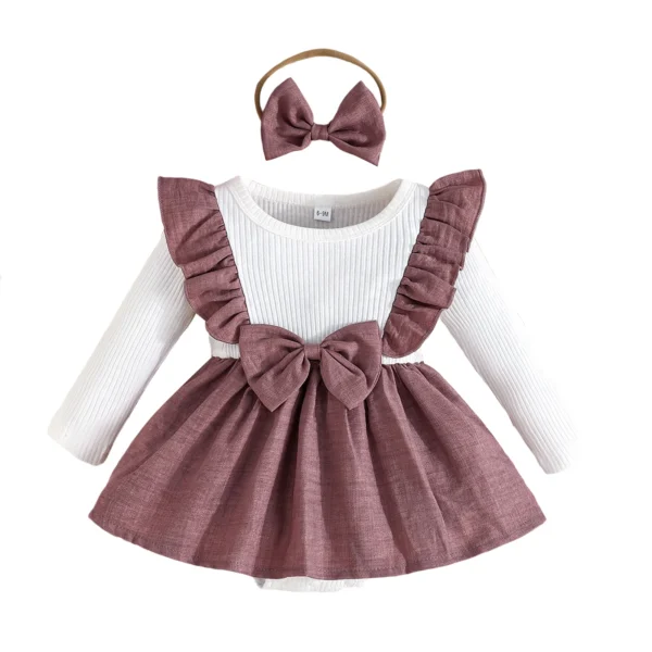 Patchwork Ruffled Long Sleeve Romper Dress with Bow Headband Set