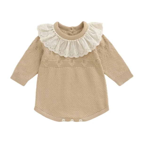 Knitted Long Sleeve Romper with Lace Ruffle