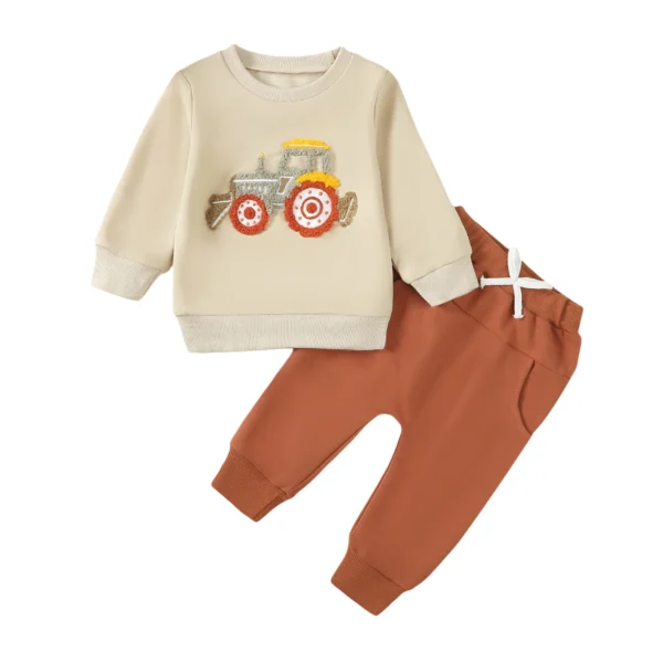 Tractor Embroidery Long Sleeve Pullover and Solid Color Pants Set