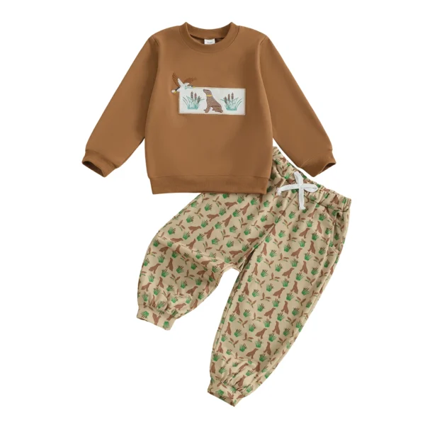 Long Sleeve Dog Embroidery Pullover with Printed Pants Set