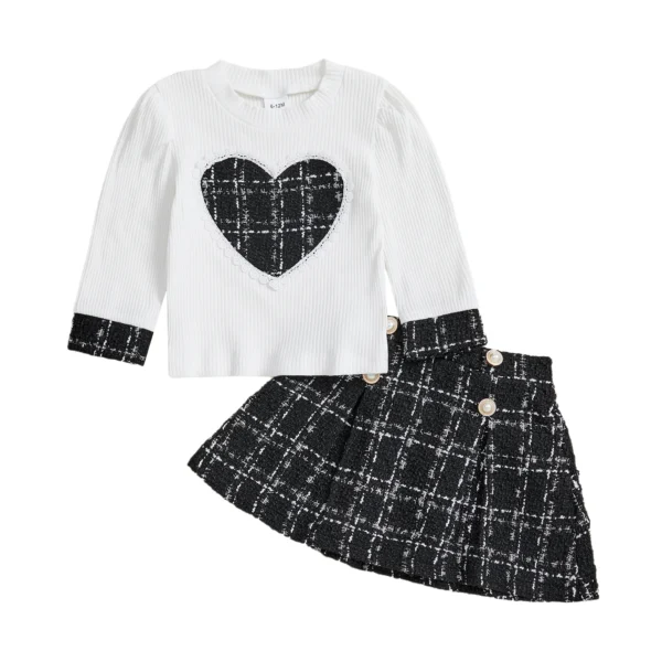 Heart Sweatshirt with Plaid A-Line Skirt Set