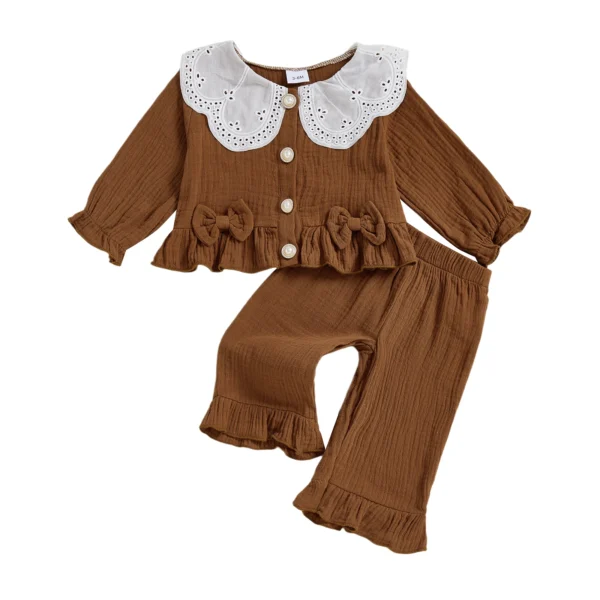 Long Sleeve Ruffled Collar Top and Solid Pants Set