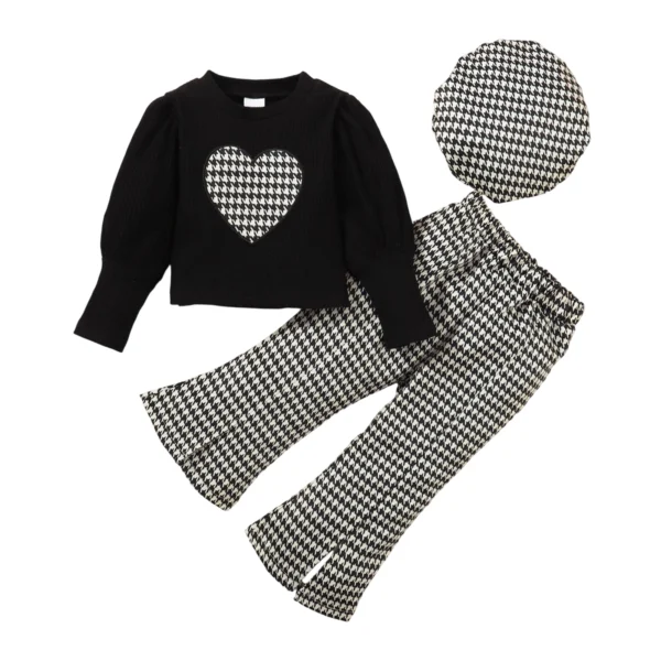 Houndstooth Print Flare Pants Set with Long Sleeve Top and Beret