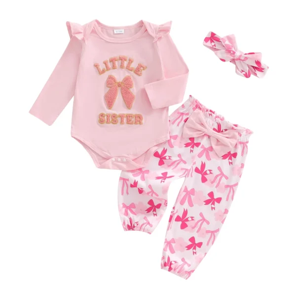 Embroidered Bow Long Sleeve Romper Set with Headband