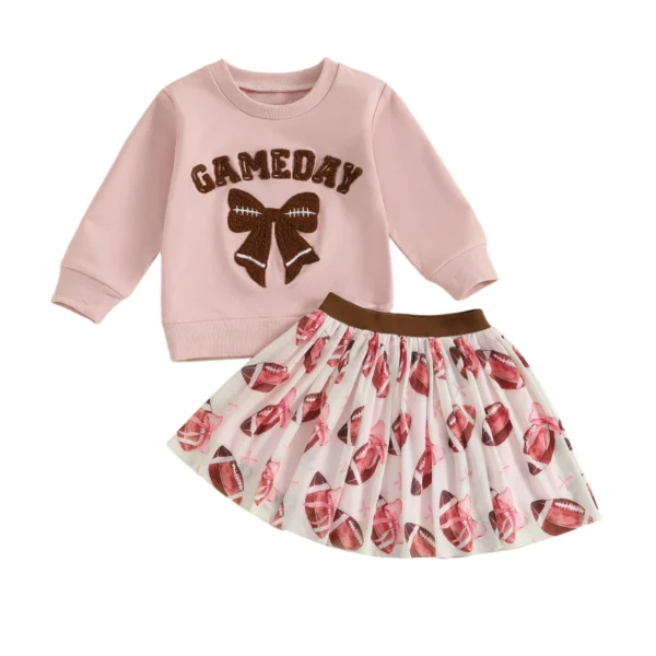 Bow Embroidered Long Sleeve Top with Elastic Waist Skirt Set