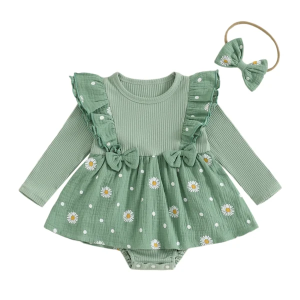 Daisy Print Ruffle Romper Dress with Bow Headband Set