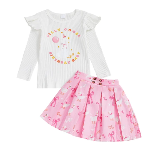 Goose Print Long Sleeve Shirt with Pleated Skirt Set