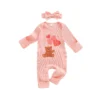 Autumn Casual Long Sleeve Romper with Heart Bear Print and Headband
