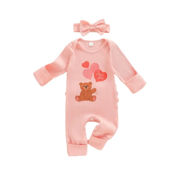 Autumn Casual Long Sleeve Romper with Heart Bear Print and Headband