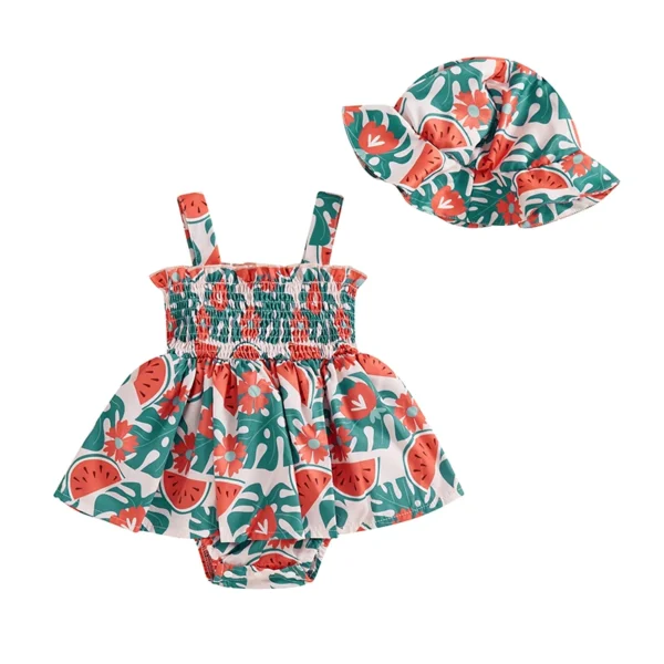 Watermelon Print Sleeveless Romper with Hat