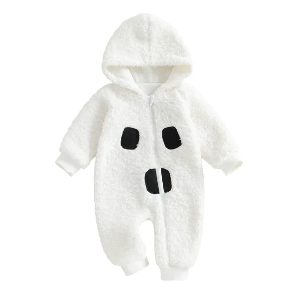 Plush Halloween Ghost Costume with Hood and Zip Up Romper