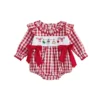 Plaid Bubble Romper with Christmas Embroidery and Ruffles