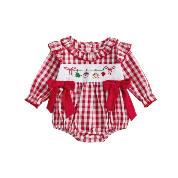Plaid Bubble Romper with Christmas Embroidery and Ruffles