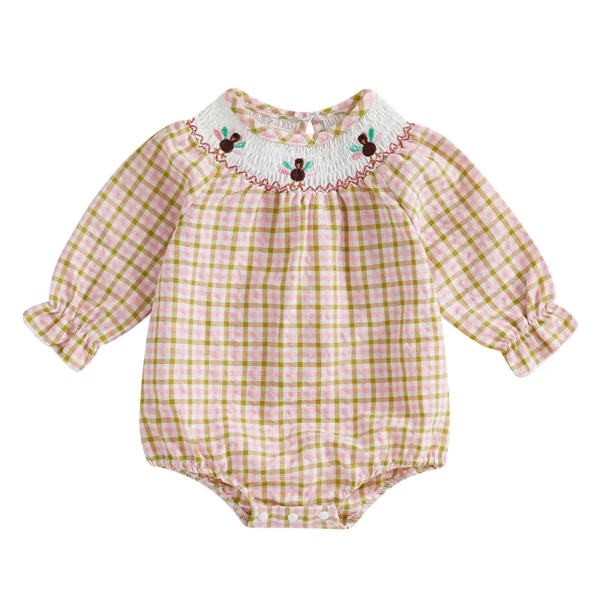 Thanksgiving Turkey Embroidered Plaid Baby Romper