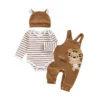Striped Long Sleeve Romper with Tiger Embroidery and Hat Set
