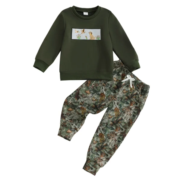 Embroidered Long Sleeve Sweatshirt and Camouflage Pants Set