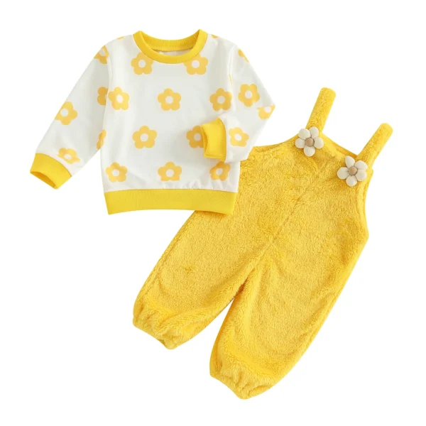 Flower Print Long Sleeve Pullover and Plush Overalls Set