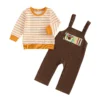 Thanksgiving Stripe Long Sleeve Pullover with Turkey Embroidery Overall Set