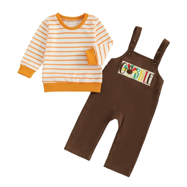 Thanksgiving Stripe Long Sleeve Pullover with Turkey Embroidery Overall Set