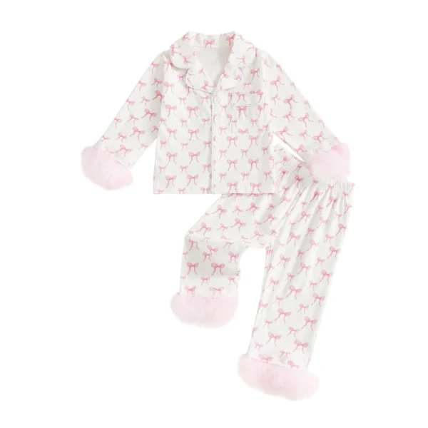 Fall Pajama Set with Bow Print and Fur Trim