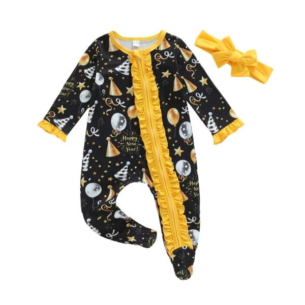Star Print Long Sleeve Ruffled Jumpsuit with Bow Headband