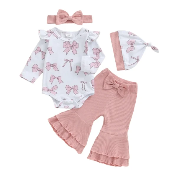 Fall Outfit Set with Bow Long Sleeve Romper, Flare Pants, Headband, and Hat