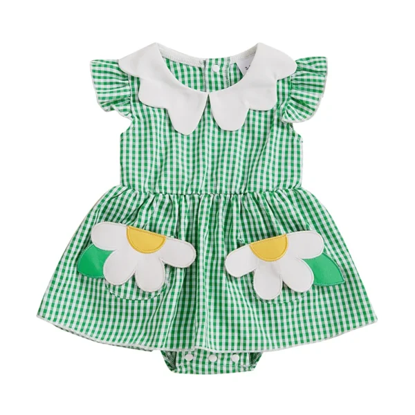 Plaid Romper Dress with Doll Collar and Pockets