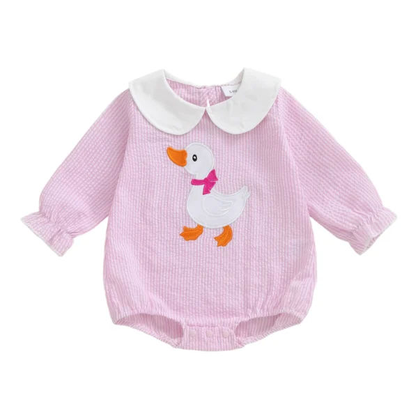 Striped Duck Embroidery Long Sleeve Romper