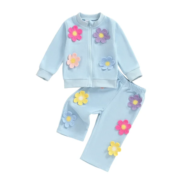 3D Flower Long Sleeve Jacket with Elastic Waist Pants Set