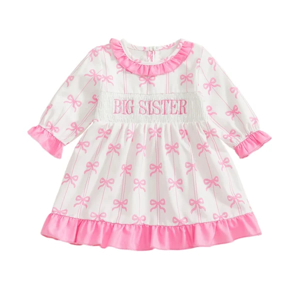 Bow Print Ruffled Dress with Embroidery