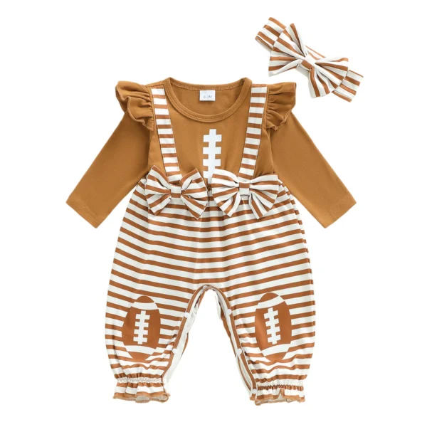 Striped Rugby Print Long Sleeve Romper with Headband